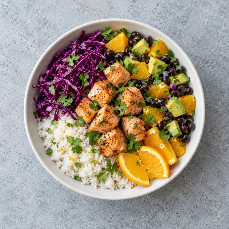 Bowl mexicain au saumon et agrumes : riz, chou rouge, haricots noirs, orange, avocat et dés de saumon garnis de coriandre.
