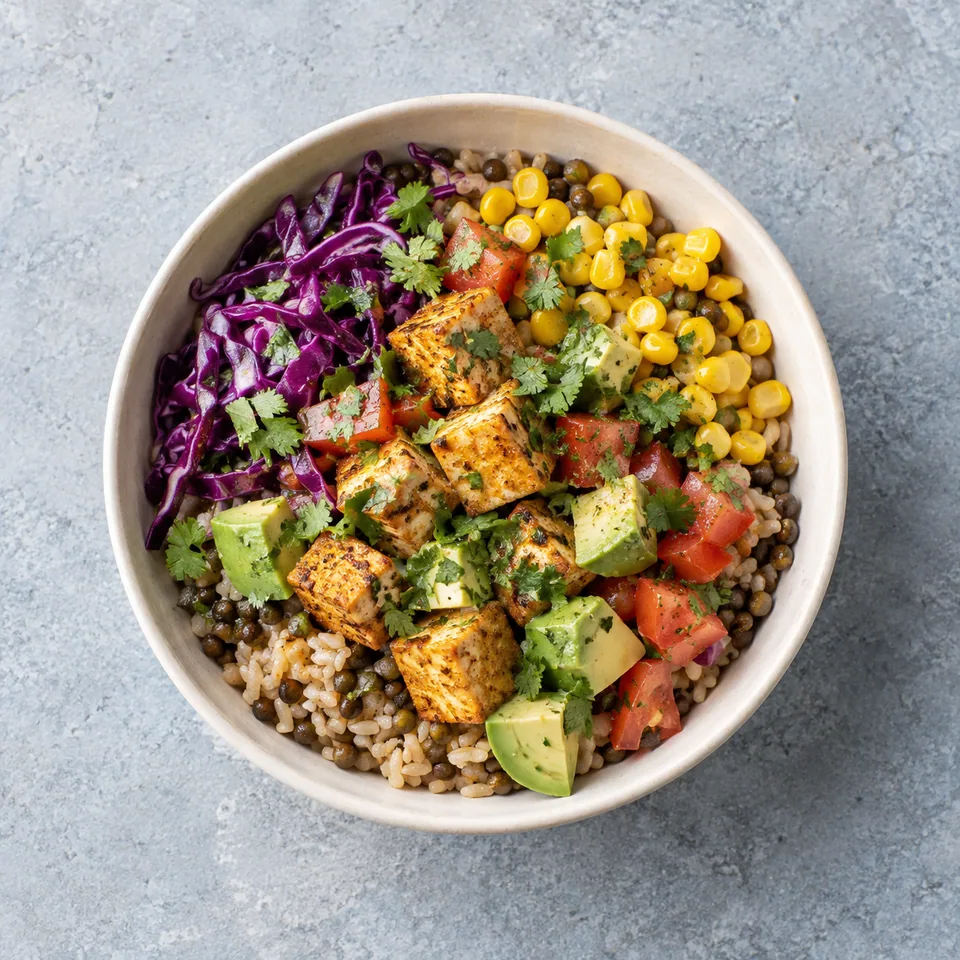 Bowl mexicain aux lentilles et avocat : riz, lentilles, tofu doré, chou rouge, tomates, maïs, avocat et coriandre.