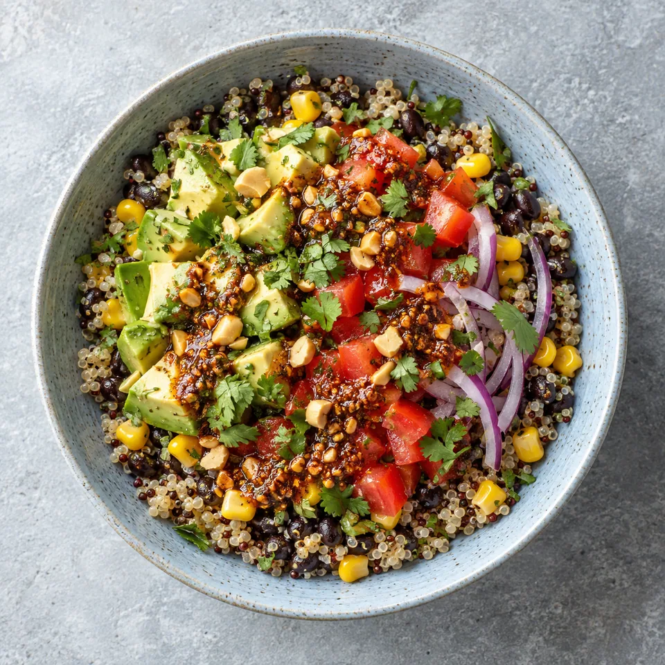 Bowl mexicain à l'avocat et haricots noirs, nappé de salsa macha aux cacahuètes, servi sur assiette bleue.