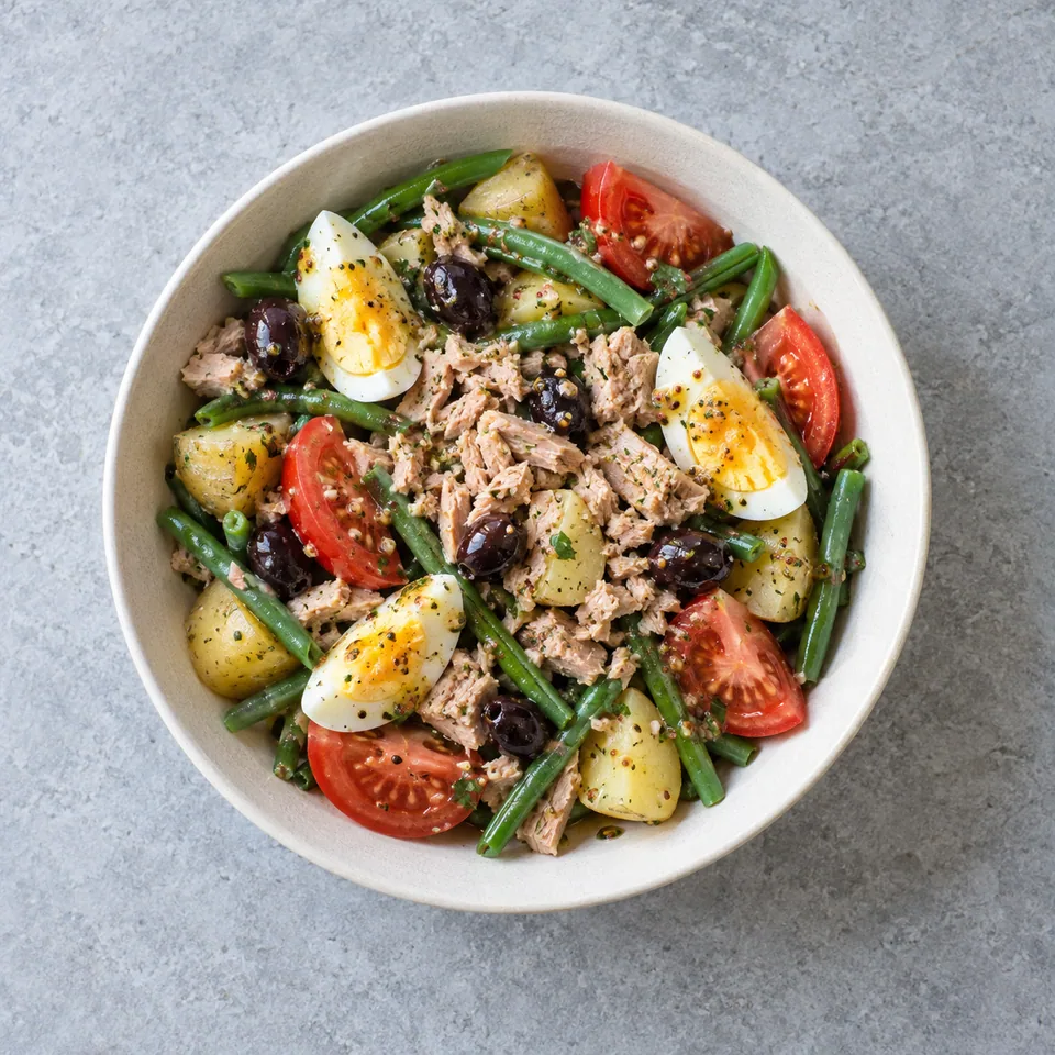 Bowl niçoise au thon avec pommes de terre, haricots verts, tomates, œuf dur, thon émietté et olives noires.