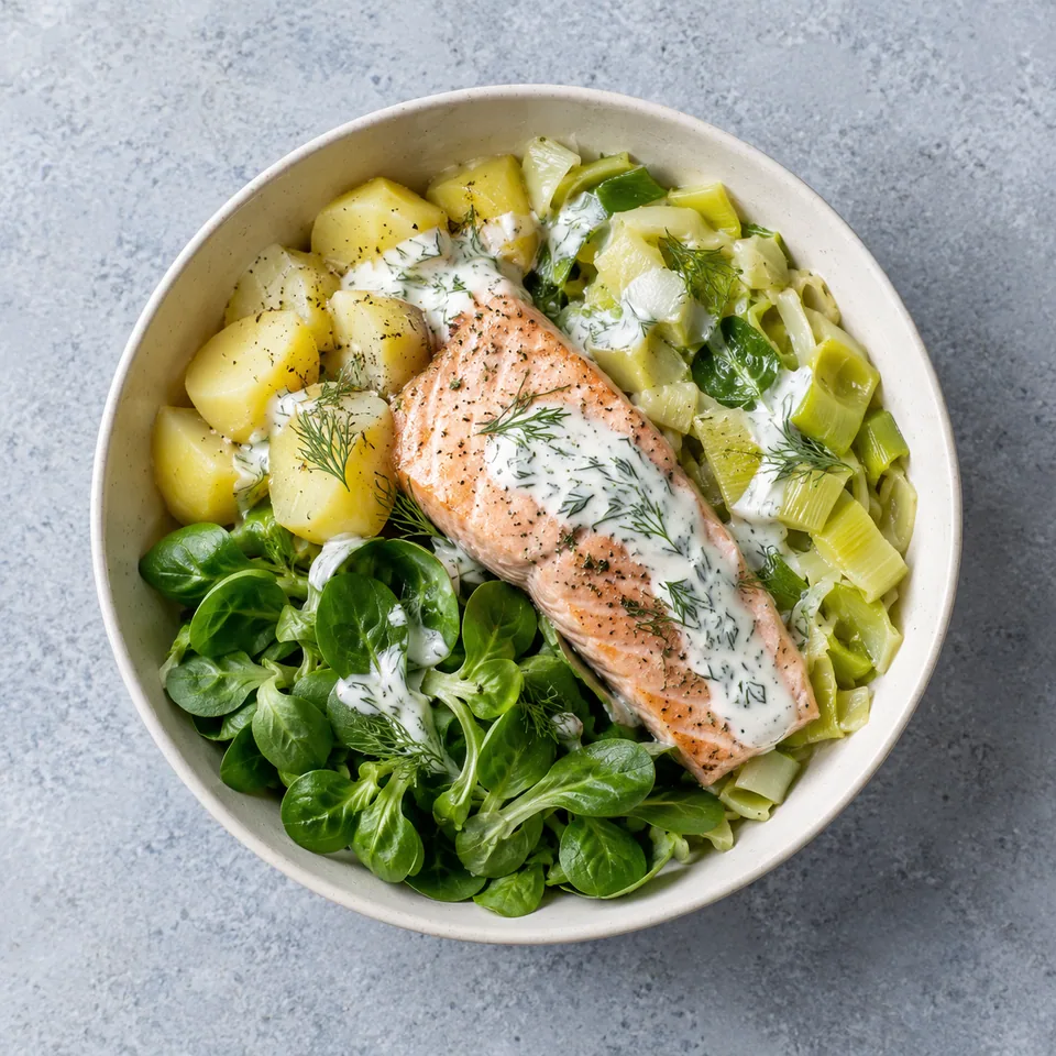Bowl saumon, poireaux et pommes de terre : pavé rose pâle, mâche verte, poireaux fondants et sauce blanche à l’aneth.