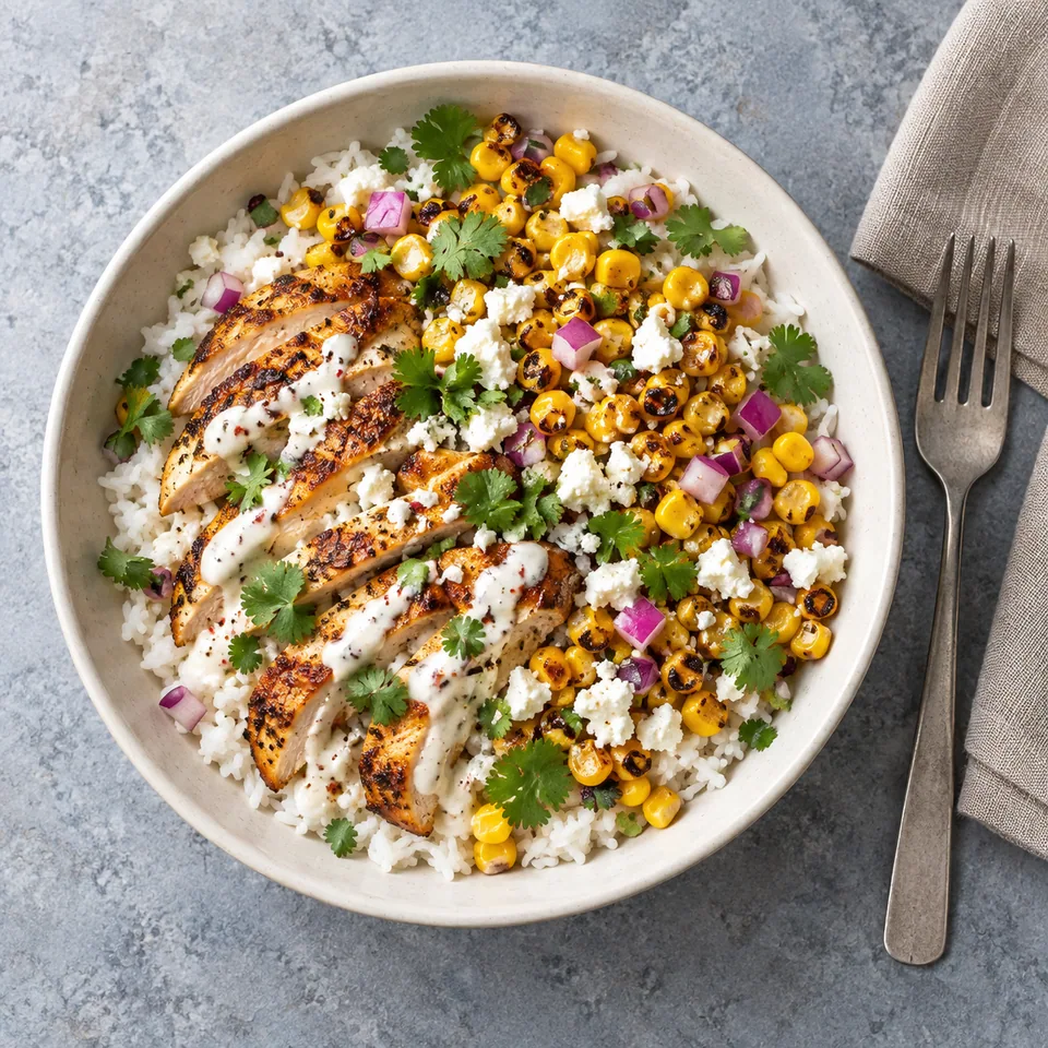 Bowl street corn au poulet grillé : riz, poulet doré, maïs, sauce yaourt, oignon rouge, feta et coriandre dans un bol blanc.