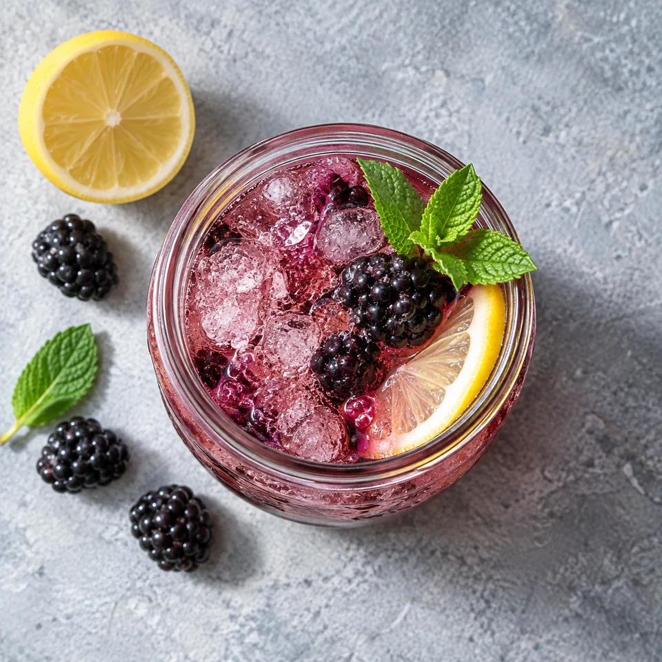 Bramble aux mûres, gin et citron dans un bocal en verre avec glace pilée et fruits écrasés.