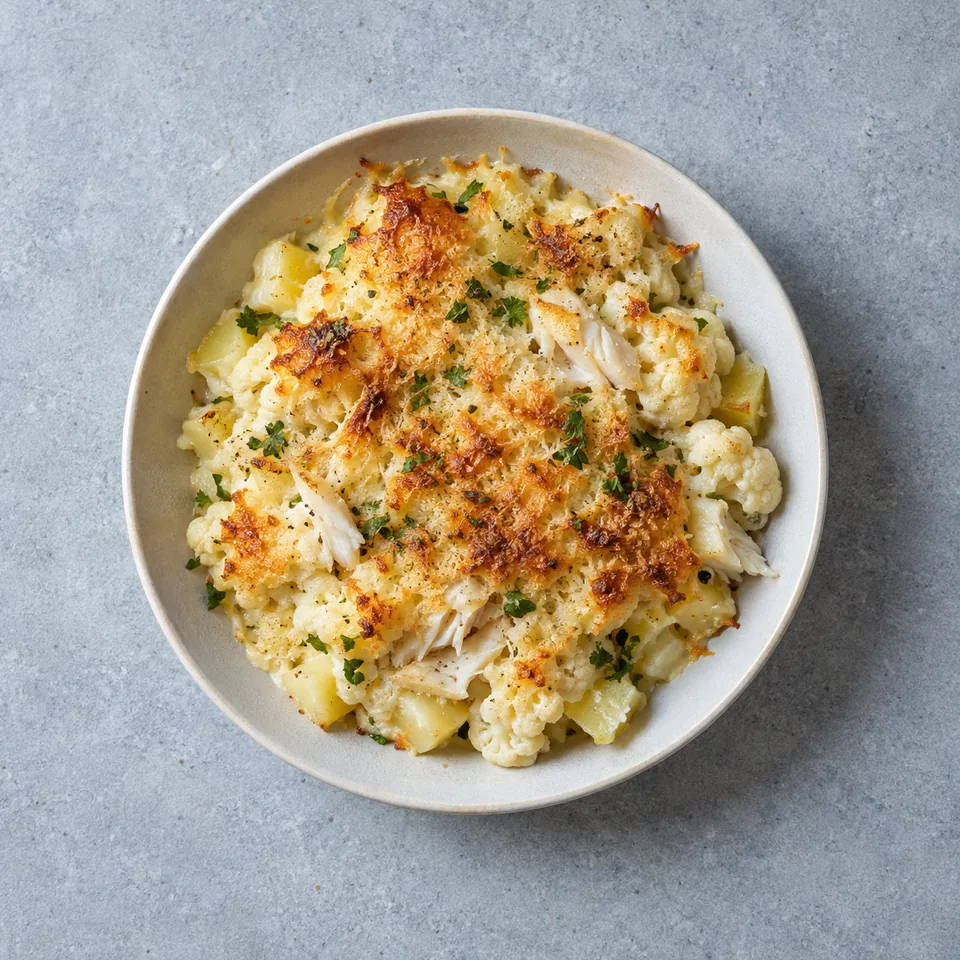 Brandade de cabillaud au chou-fleur en portion individuelle, purée crémeuse et croûte de parmesan dorée, persil visible.