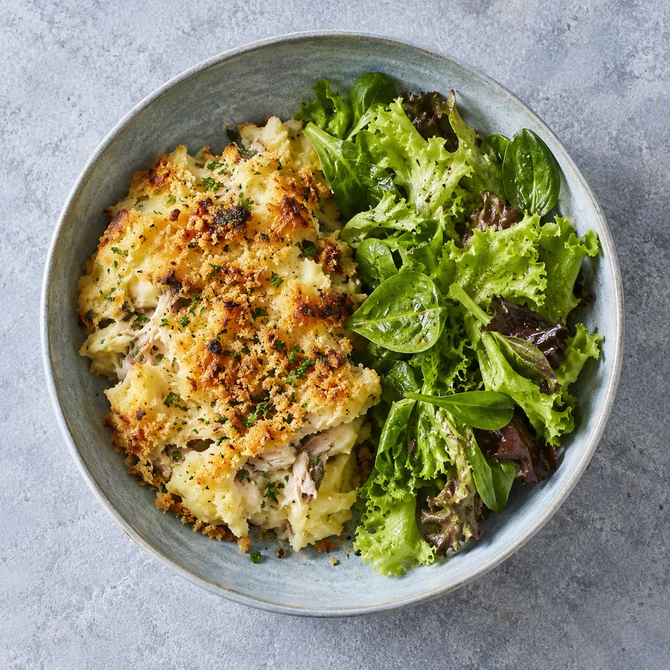 Brandade de maquereau gratinée dorée et salade verte vinaigrée sur assiette grise.