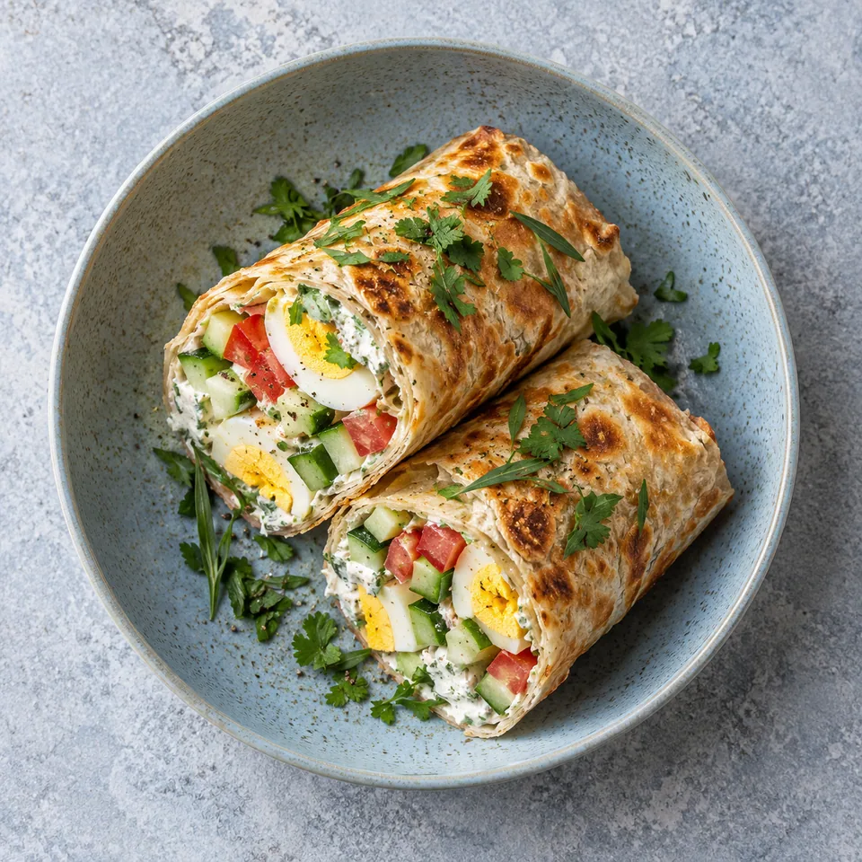 Roulés lavarméniens au fromage frais, œufs durs et légumes sur assiette bleue