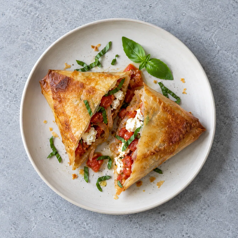 Bricks chèvre-tomate : chausson doré ouvert montrant dés de tomate, oignon et chèvre blanc sur fond vert.