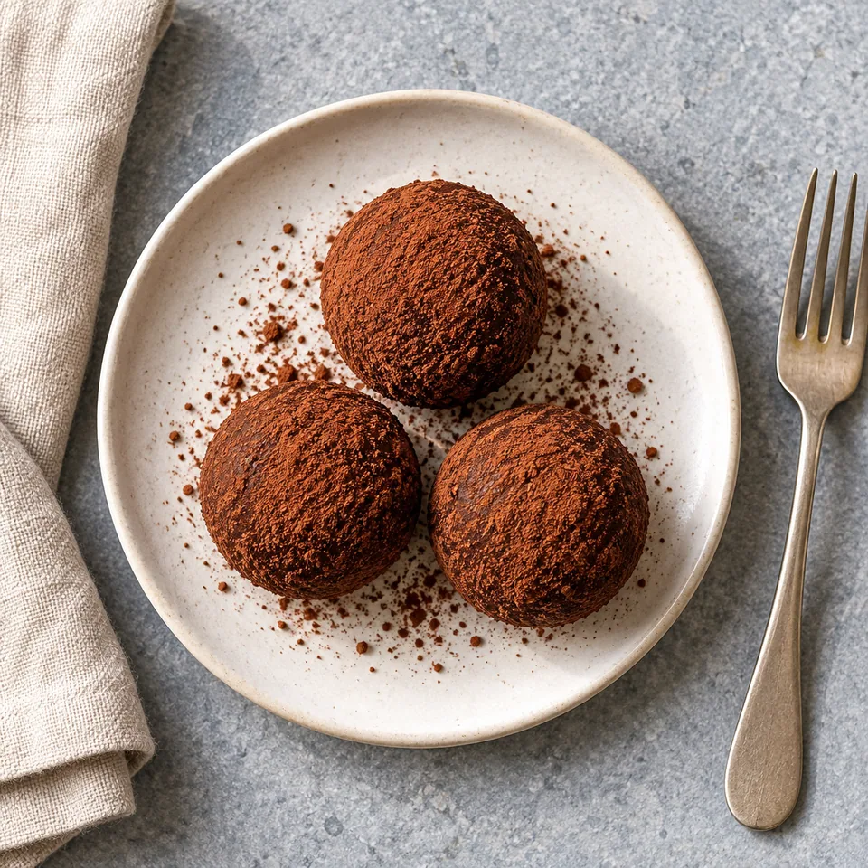 Trois brigadeiros ronds et foncés à la patate douce et cacao sur une petite assiette blanche.