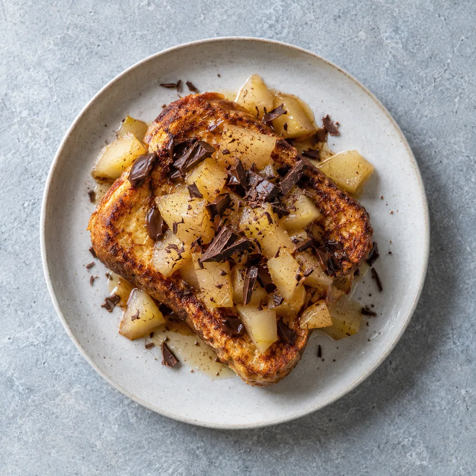 Brioche perdue dorée aux dés de poire et copeaux de chocolat noir fondu sur une assiette blanche.