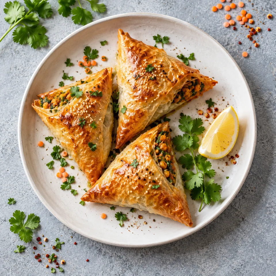 Trois briouats triangulaires dorés et croustillants aux lentilles corail sur une assiette blanche.
