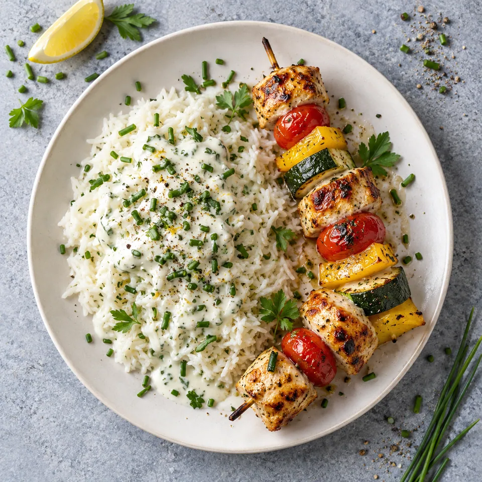Assiette de riz sauce ciboulette avec brochettes de poulet et légumes grillés colorés