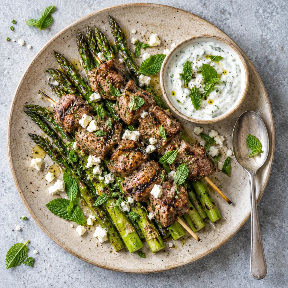 Brochettes d’agneau à la menthe et asperges grillées servies sur une assiette en grès beige sable moucheté.