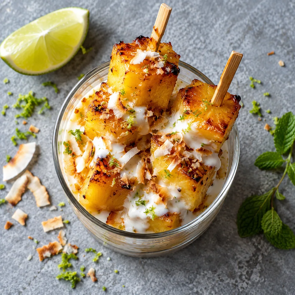 Brochettes d’ananas rôti, sauce coco-citron vert : ananas caramélisé sur brochette dans une verrine, sauce blanche et noix de coco râpée.