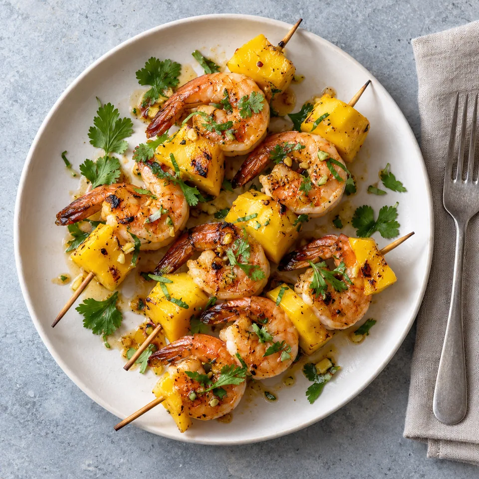 Brochettes de crevettes au gingembre et à la mangue sur assiette blanche, garnies de coriandre fraîche.