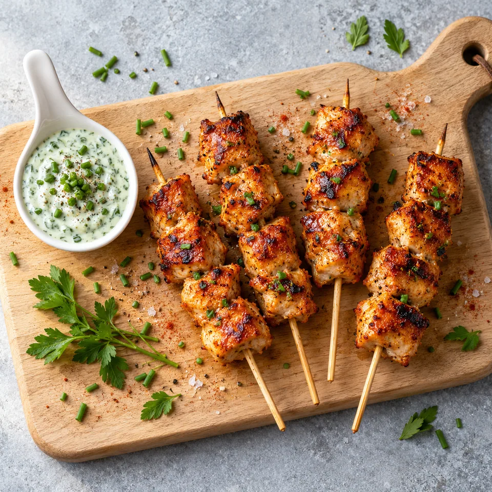 Brochettes de dinde au paprika fumé sur planche en bois avec sauce skyr-ciboulette