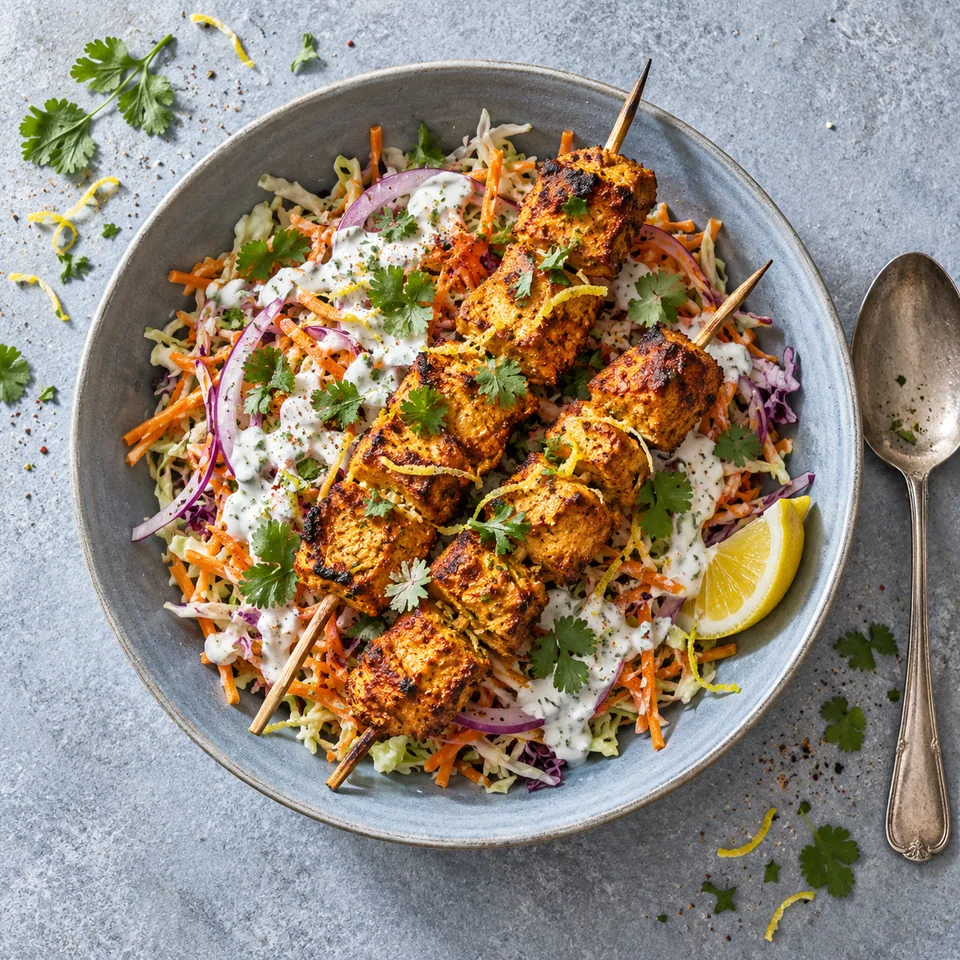 Assiette creuse bleu-gris : salade de chou, carottes et oignon rouge à la crème de yaourt, surmontée de deux brochettes de dinde tandoori grillées et dorées.