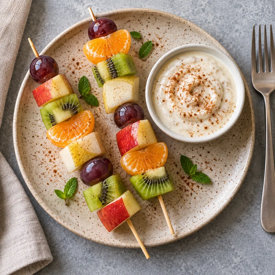 Brochettes de fruits frais (pomme, poire, kiwi, clémentine, raisin) servies avec un dip soja-cannelle dans un petit bol blanc sur une assiette beige.