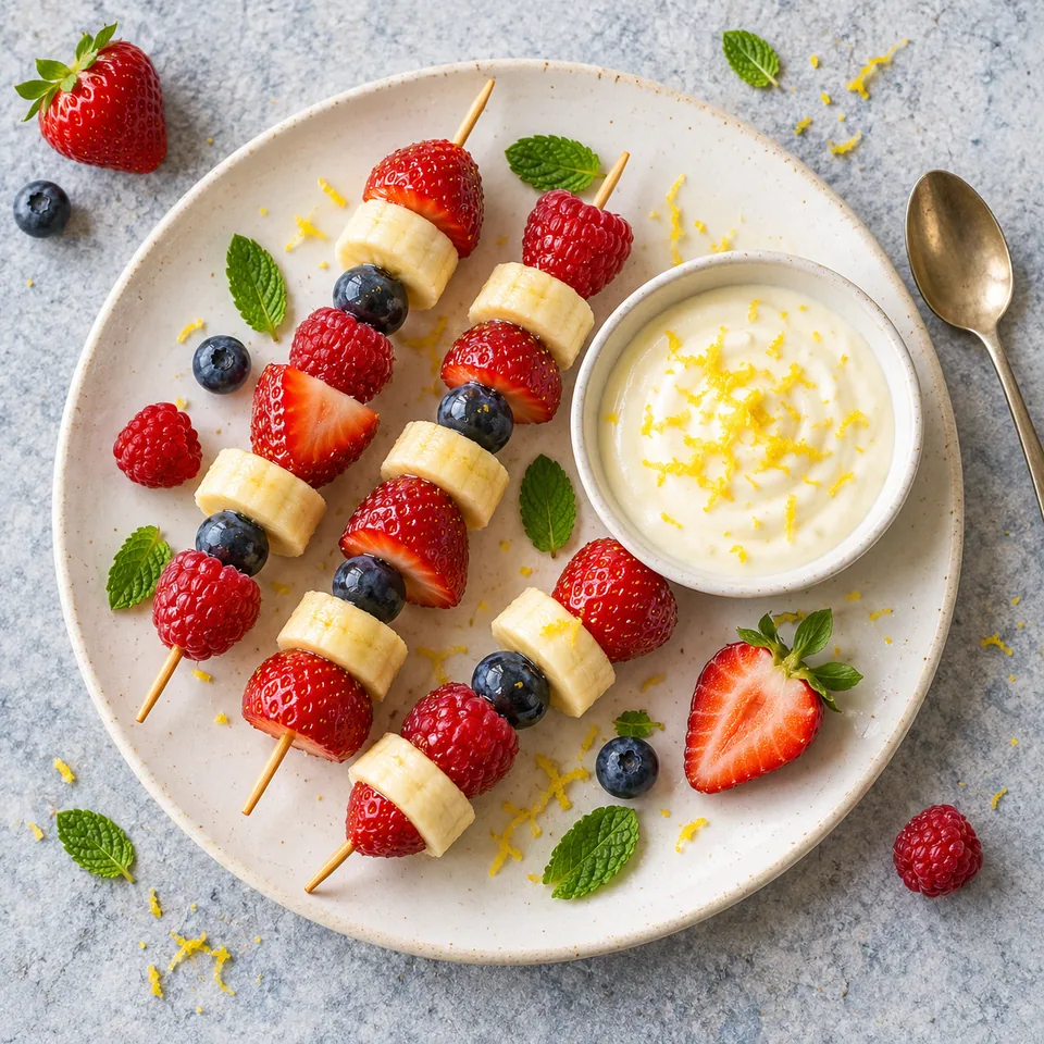 Brochettes de fruits tricolores au dip citronné : brochettes de fraises, bananes, myrtilles et framboises avec bol de dip crémeux.