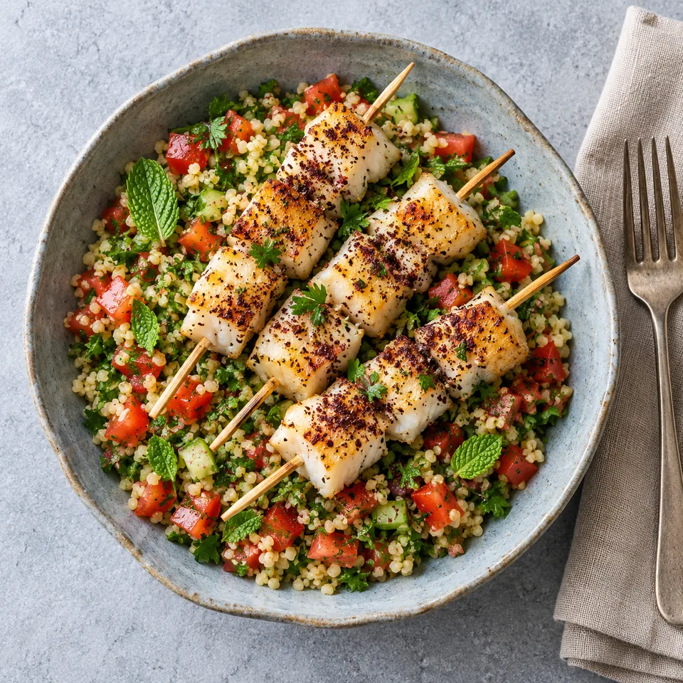 Brochettes de poisson au sumac, taboulé aux herbes : bols de taboulé aux tomates et persil avec quatre brochettes de cabillaud doré.