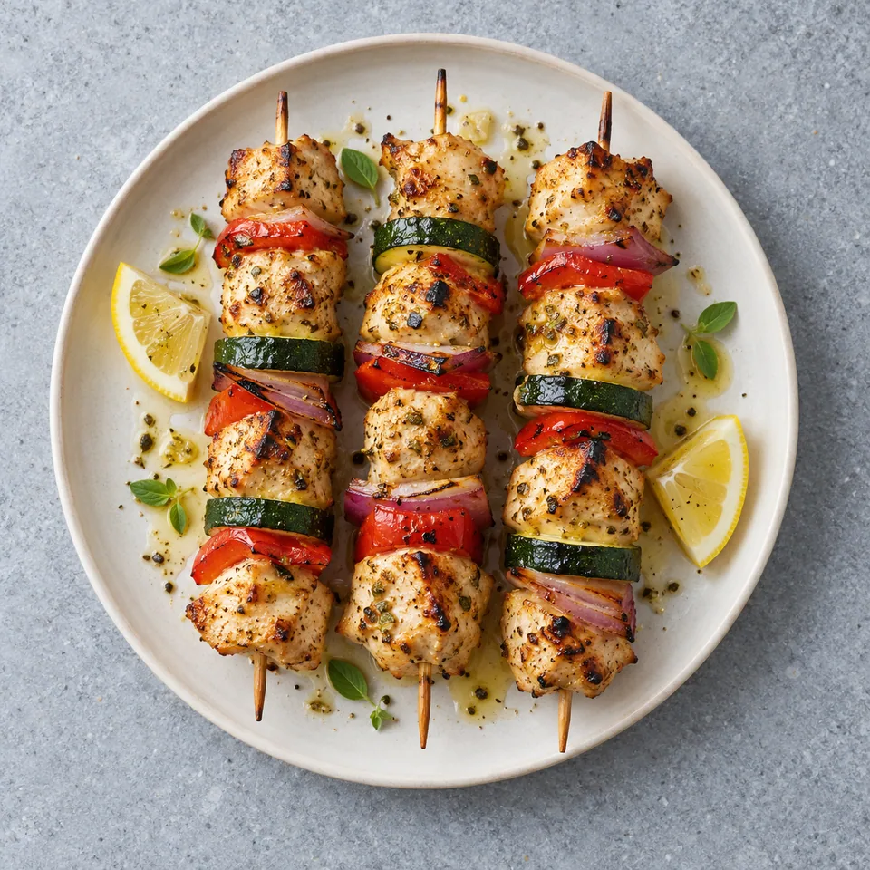 Brochettes de poulet au citron, avec poulet grillé, courgette, poivron rouge et oignon sur une assiette.