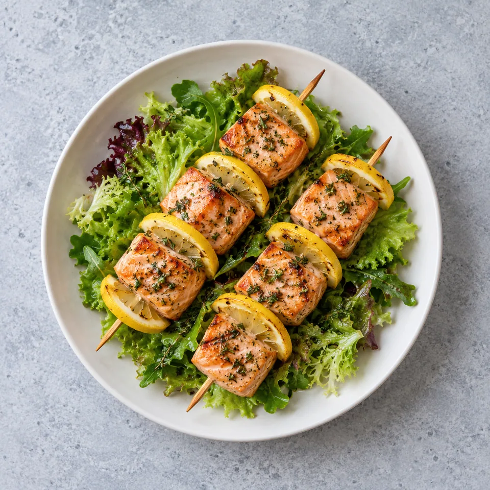 Brochettes de saumon au citron : cubes de saumon rosé et rondelles de citron jaune sur salade verte, parsemé d'herbes de Provence.