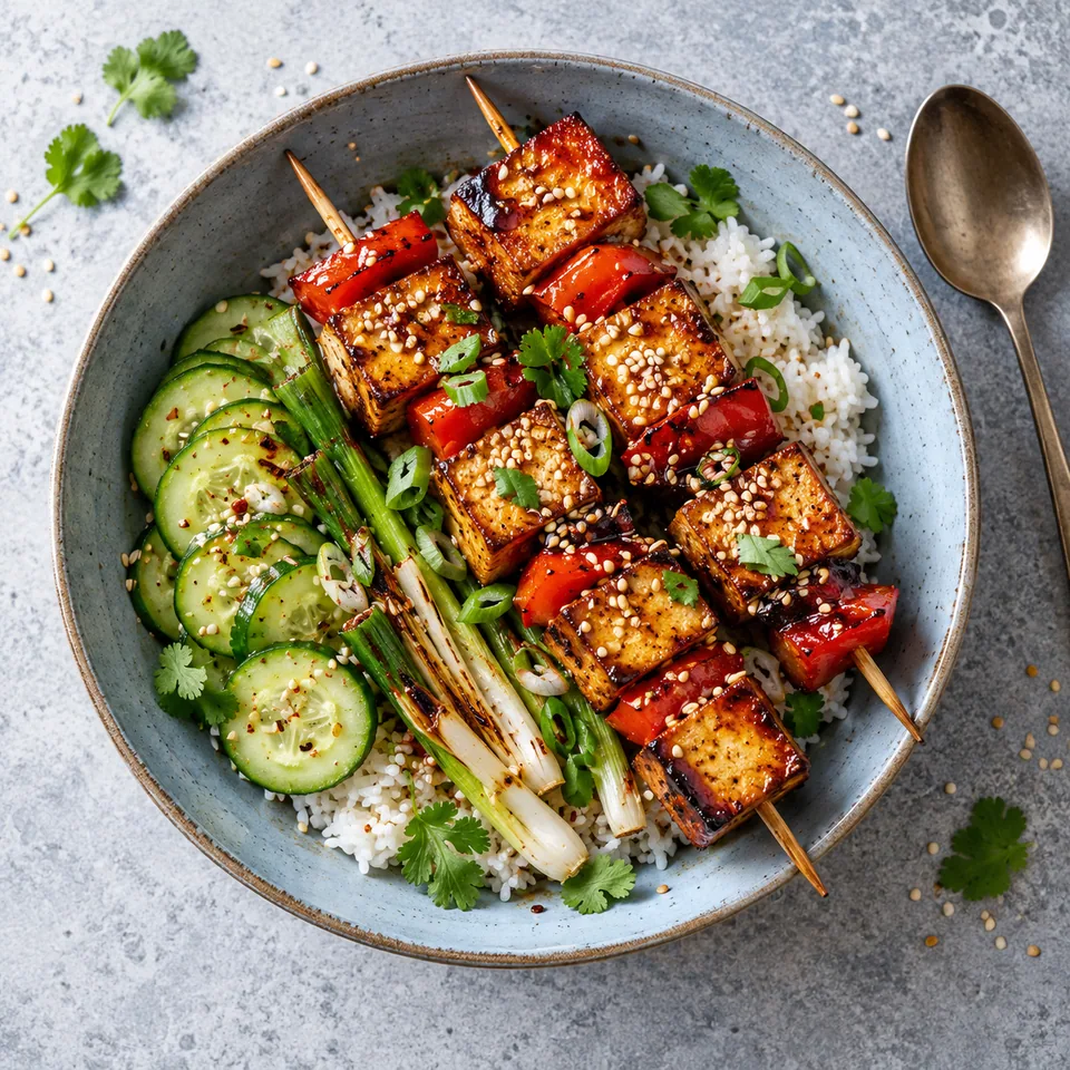 Brochettes de tofu mariné au gochujang : tofu doré, poivron rouge, riz et concombre sur assiette bleue.
