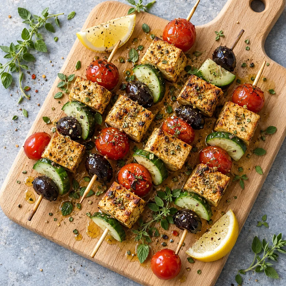 Brochettes de tofu, tomates et olives sur planche en bois : tofu doré, tomates rouges, concombre vert et olives noires.