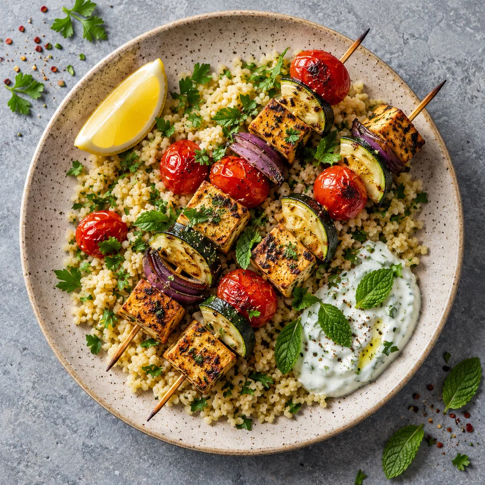 Brochettes grecques de tofu et légumes grillés sur lit de boulgour et persil, avec sauce yaourt et menthe.