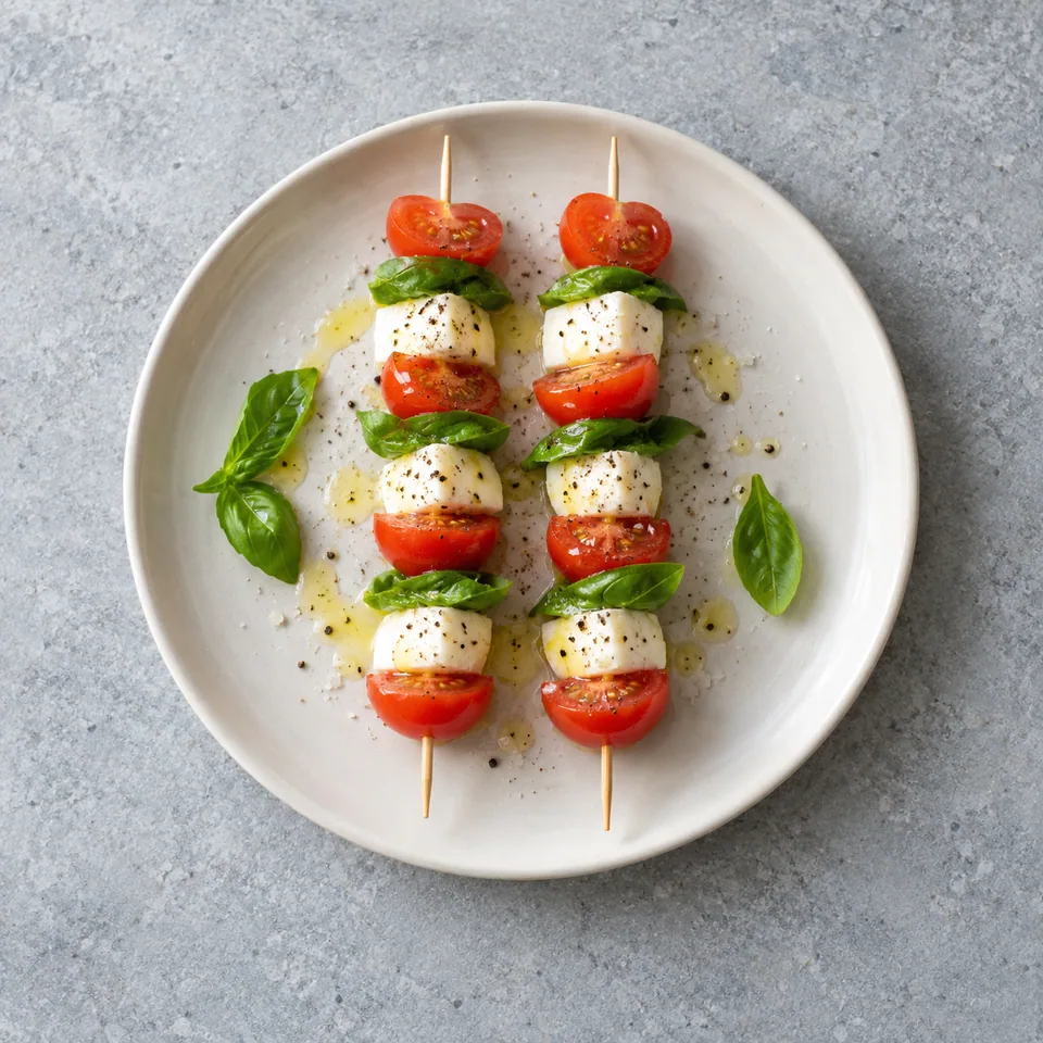 Deux brochettes tomates mozzarella basilic sur assiette, alternant tomates rouges, dés blancs et feuilles vertes.