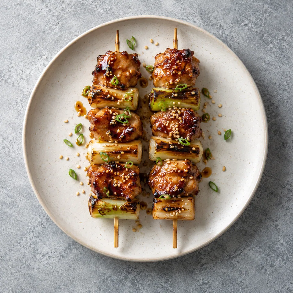 Deux brochettes yakitori au poulet et poireau, sauce brillante et sésame, sur assiette blanche.