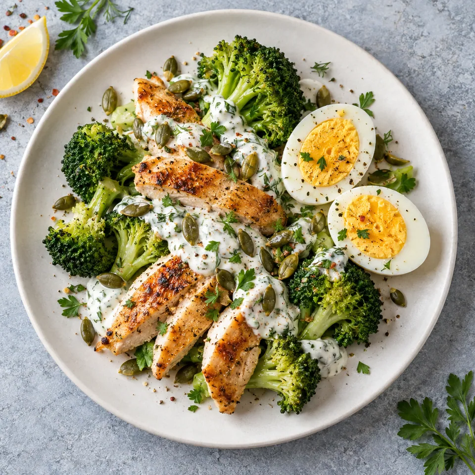 Assiette de poulet, brocoli et œuf dur nappé de sauce yaourt et graines de courge
