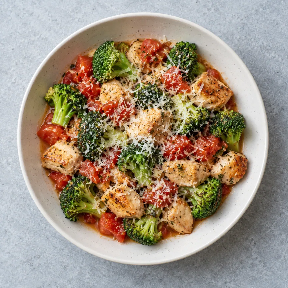Brocolis à l’italienne et poulet : dés de poulet, brocoli et tomate parsemés de parmesan.