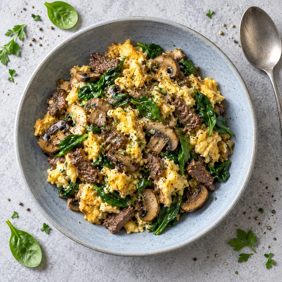 Brouillade de San Francisco au bœuf, épinards et champignons servie dans une assiette creuse bleu-gris pâle.
