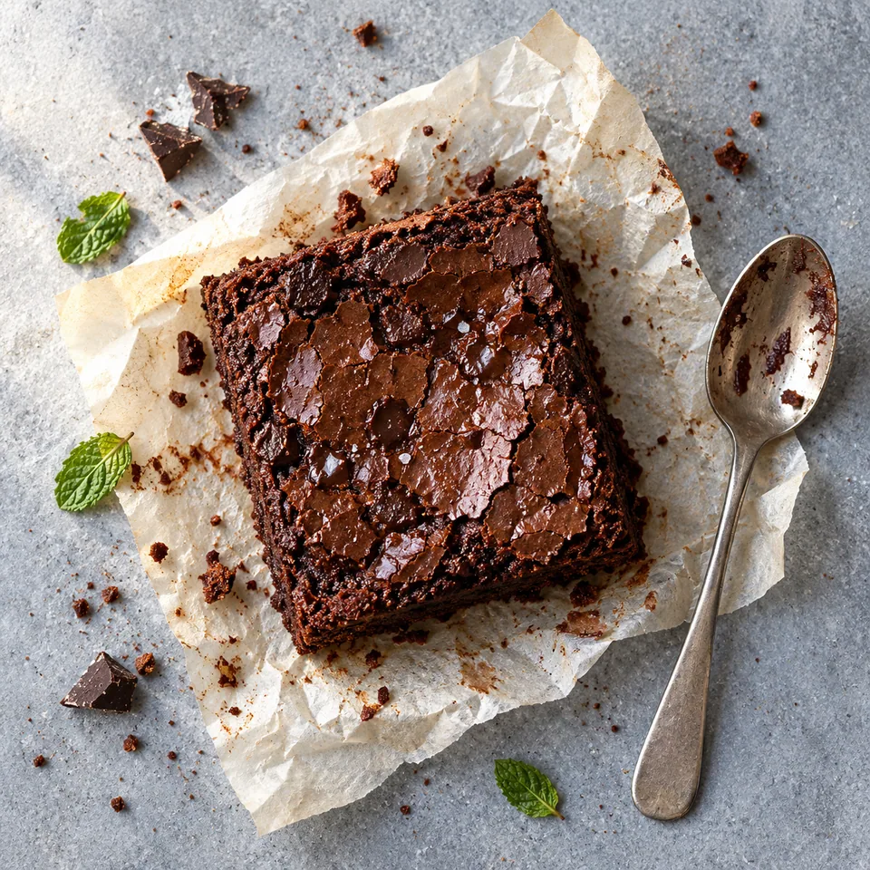 Brownie fondant à la patate douce : une portion carrée brun foncé, texture dense et surface craquelée sur papier cuisson froissé.