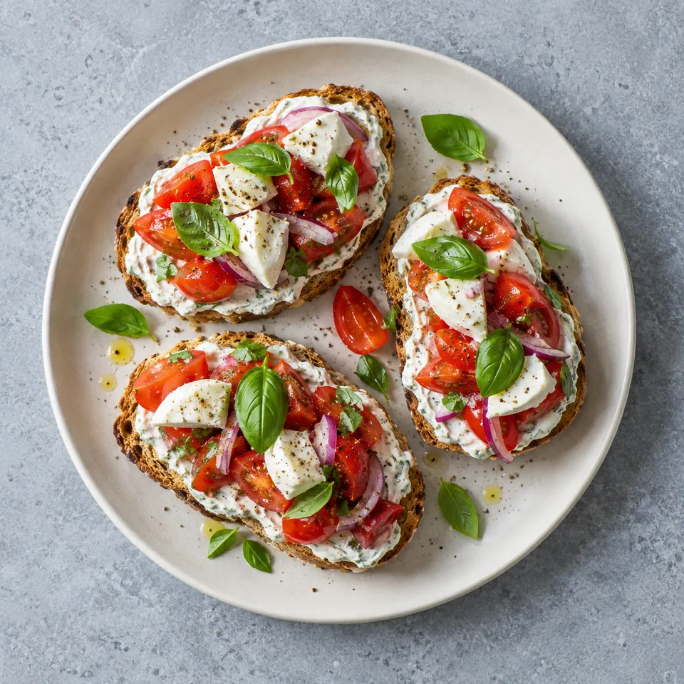 Bruschettas tomate, mozzarella et skyr : pains grillés tartinés de skyr, garnis de tomates, oignon rouge, mozzarella et basilic.