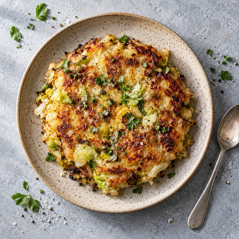 Bubble and squeak : galette dorée de chou et pommes de terre servie sur une assiette en grès beige moucheté.