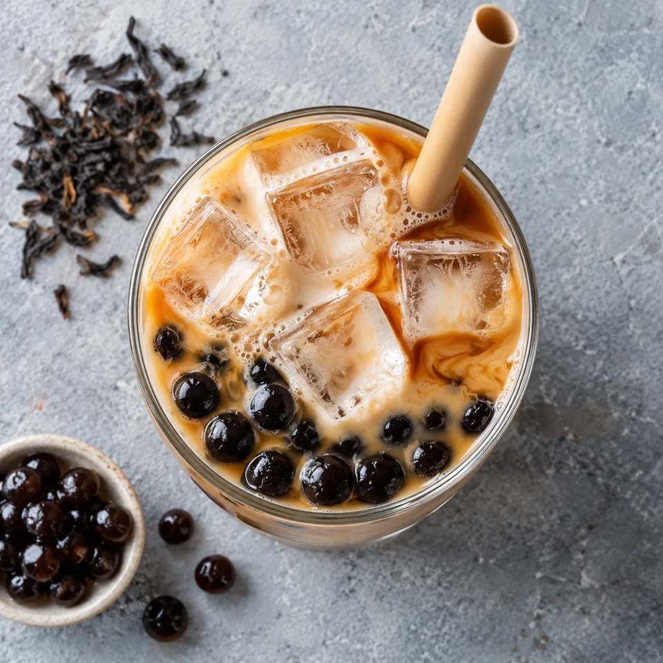 Bubble tea maison au thé noir dans un verre avec glaçons et perles de tapioca noires.