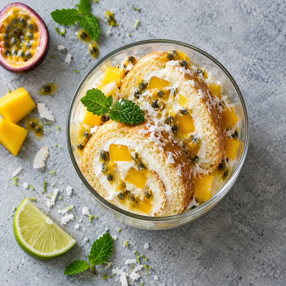 Bûche roulée exotique au fromage blanc en verrine : génoise dorée, crème blanche, dés de mangue, pulpe de passion et coco râpée.