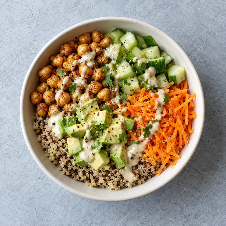 Buddha bowl individuel avec quinoa, pois chiches rôtis, concombre en dés, carotte râpée, avocat et sauce au tahini.