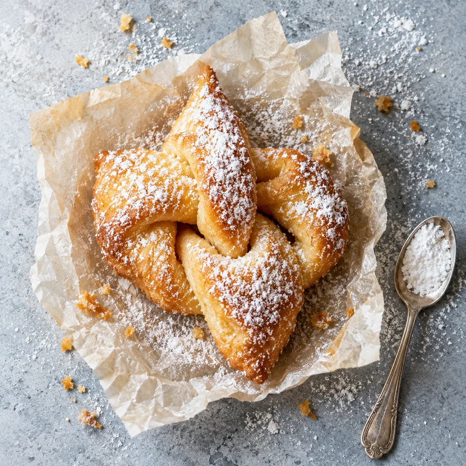 Bugne lyonnaise dorée en forme de nœud, saupoudrée de sucre glace sur papier cuisson froissé.