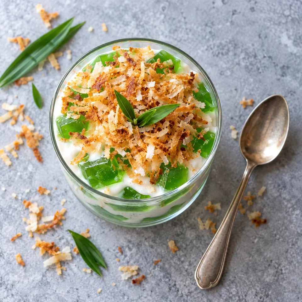 Buko pandan à la noix de coco : verrine avec gelée verte et crème blanche nappée de coco râpée.