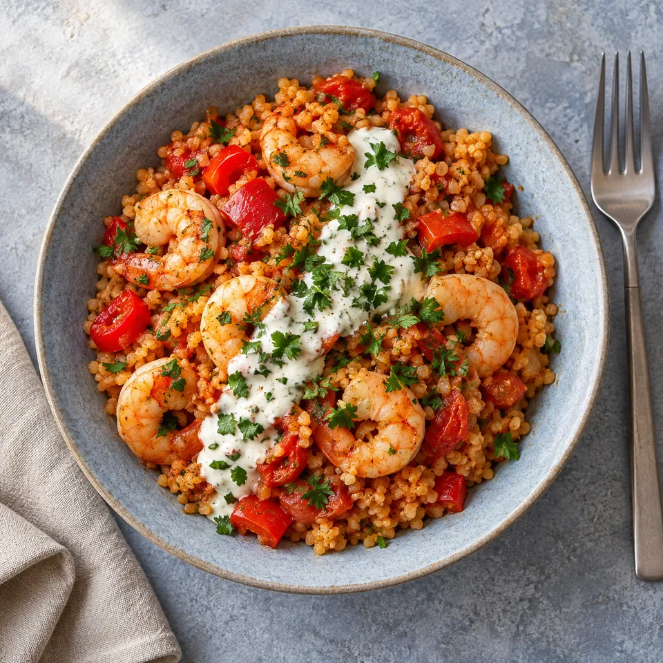 Assiette de boulgour aux crevettes à la turque, avec poivron rouge, tomates et sauce yaourt, sur fond bleu-gris.