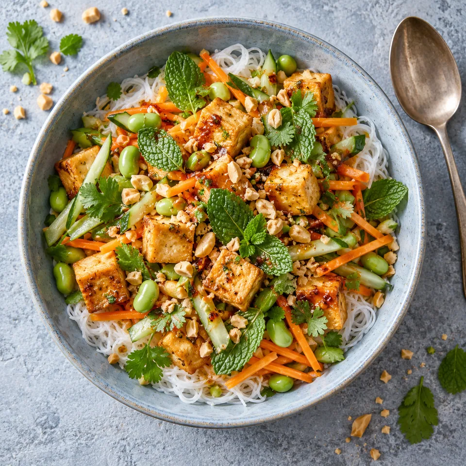 Bún chay : vermicelles, tofu doré, crudités colorées et herbes fraîches dans un bol bleu-gris.