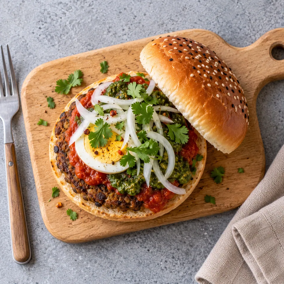 Burger Karachi bœuf-lentilles sur planche bois : galette dorée, sauce tomate rouge, chutney vert, oignon et coriandre.