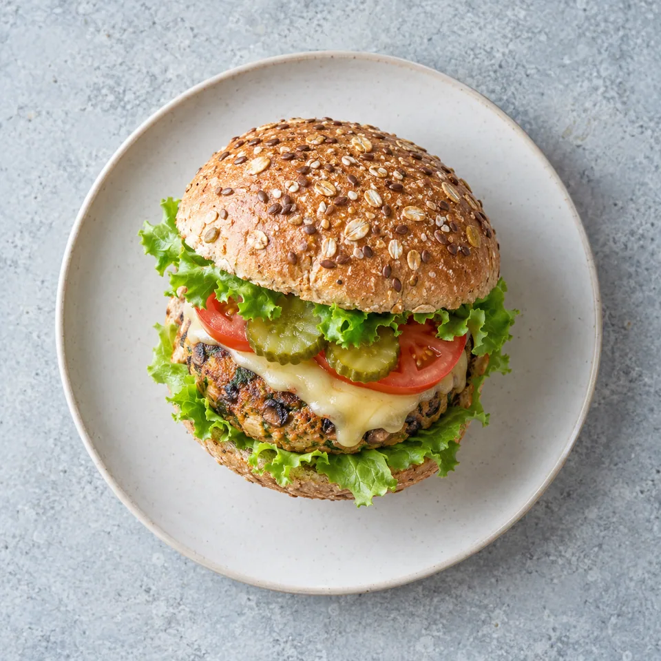 Burger au son, tofu et champignons : pain grillé, steak végétal doré, tomate, salade, fromage et cornichons sur assiette.