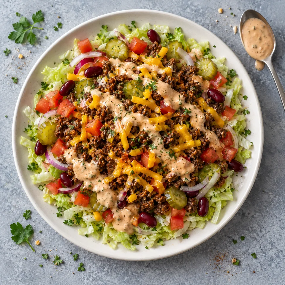 Burger bowl au cheddar et sauce maison sur lit de salade, tomates, oignons, cornichons et haricots rouges, avec bœuf haché cuit et sauce crémeuse dans une assiette blanche.