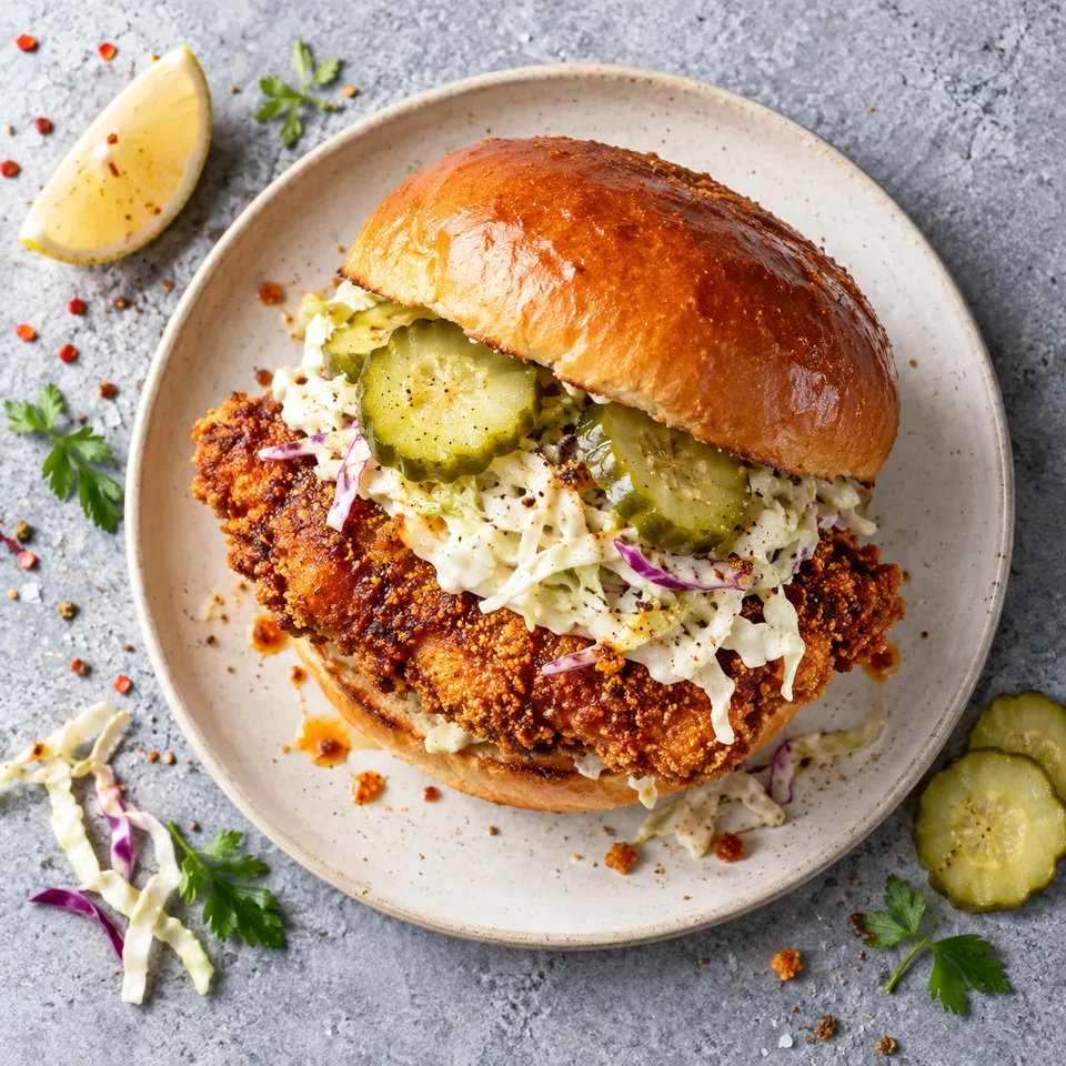 Burger de poulet Nashville croustillant sur pain, garni de chou crémeux et cornichons verts sur assiette blanche.