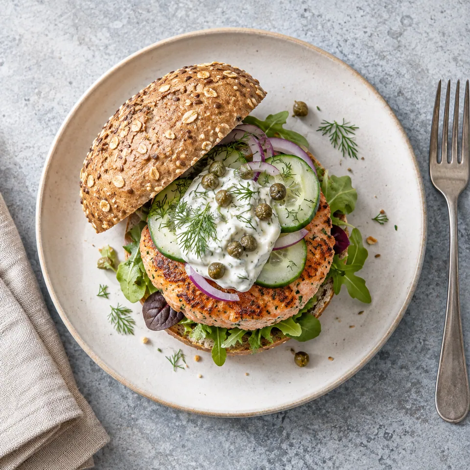 Burger de saumon à l’aneth et au concombre : steak doré sur pain complet, garni de légumes frais et sauce blanche crémeuse sur assiette blanche.