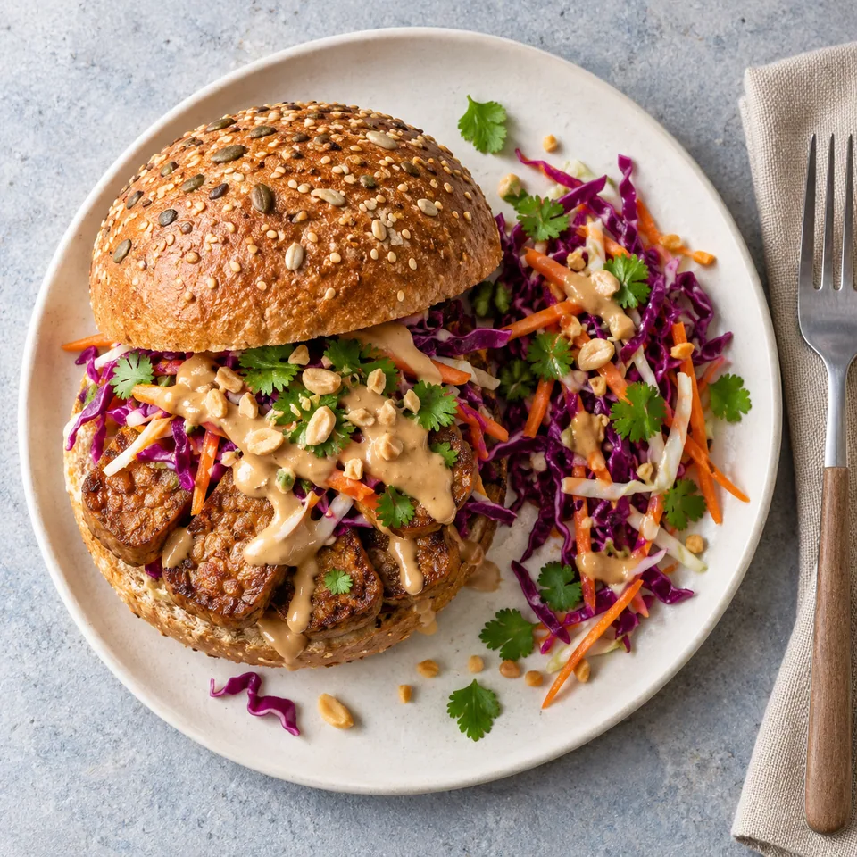 Burger de tempeh avec chou croquant et sauce cacahuète sur assiette blanche, vue de dessus.
