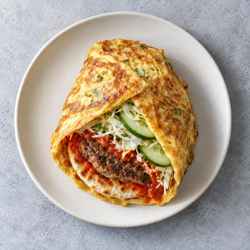 Burger enroulé dans l’omelette malaisienne : omelette dorée enveloppant un steak, sur pain pita avec chou et concombre frais.